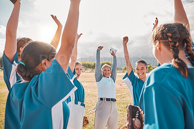 Buy stock photo Women, baseball team and coach in success, winner or wow celebration in game motivation on fitness field. Smile, happy or excited sports girls in collaboration exercise, teamwork training or exercise