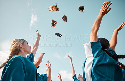 Buy stock photo Winning team, sports celebration and baseball women group throwing gloves in air for goal victory and feeling happy after game or match. Teamwork, softball and success of girl players below blue sky