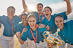 Women baseball team portrait, winning trophy celebration and sports success, champion and competition achievement. Happy girls softball players, winners group and excited athletes holding award prize