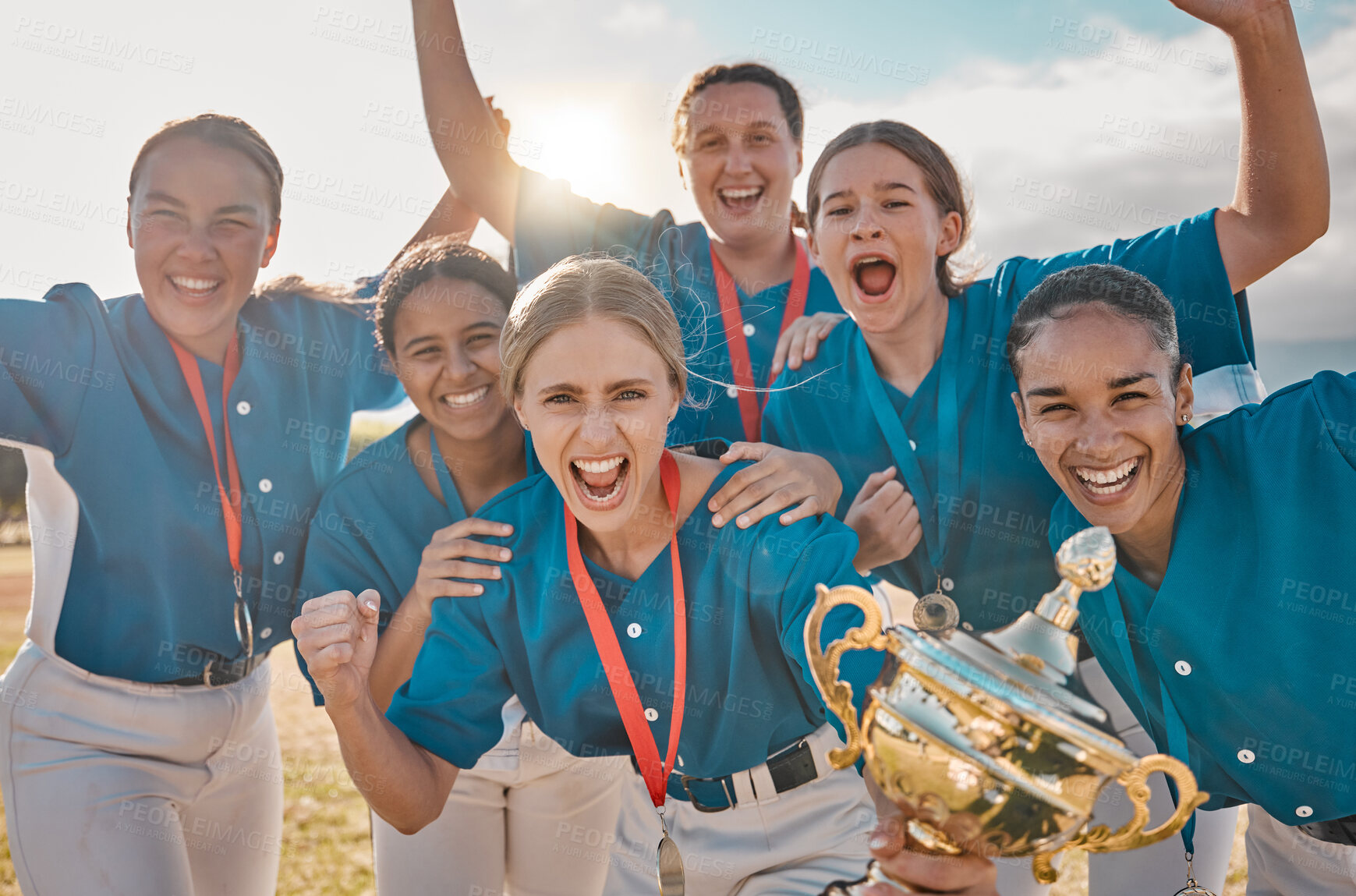 Buy stock photo Women baseball team portrait, winning trophy celebration and sports success, champion and competition achievement. Happy girls softball players, winners group and excited athletes holding award prize