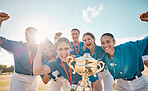 Girls, baseball team and success trophy with winner, wow and game celebration on fitness stadium field. Smile, happy or excited sports women in collaboration exercise, teamwork training and workout
