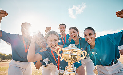 Buy stock photo Girls, baseball team and success trophy with winner, wow and game celebration on fitness stadium field. Smile, happy or excited sports women in collaboration exercise, teamwork training and workout