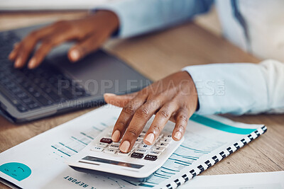 Buy stock photo Calculator, accounting and financial accountant with finance documents to check sales revenue of the company in an office. Data analysis, inflation and African employee working on budget spreadsheet