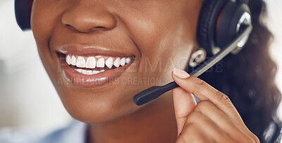 Buy stock photo Call center agent, smile and black woman telemarketing operator or consultant talking on headset for customer service. Closeup mouth of happy female worker in contact us and crm support company
