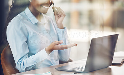 Buy stock photo Black woman, laptop sales and call center support, customer service and consulting advice, talking and loan helping in office. Happy african telemarketing consultant, contact us and crm communication