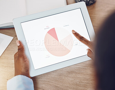 Buy stock photo Tablet charts, marketing planning and worker doing review of  corporate business success, advertising strategy and doing data analytics at work. Communication employee working on stats online
