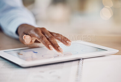 Buy stock photo Hands, tablet and finance with the hand of a business woman working online in her office at work. Accounting, banking and management with a female employee planning a strategy for future growth