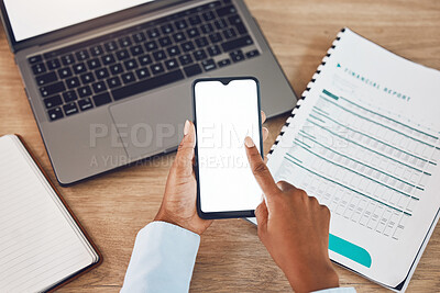 Buy stock photo Financial black woman, phone or laptop mock up screen for fintech app, finance accounting website or investment software. Zoom on hands, budget paper or loan documents and insurance mockup technology