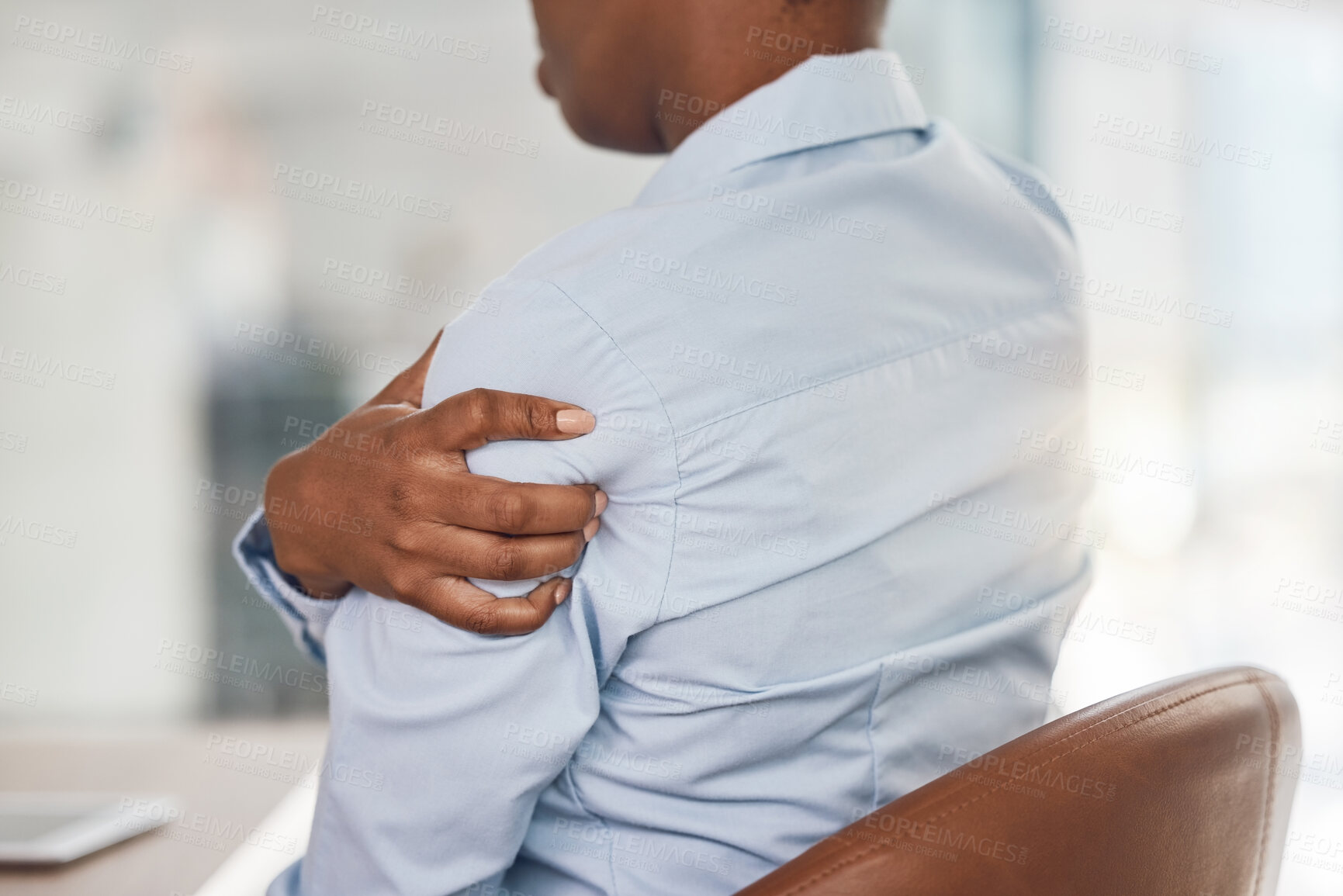Buy stock photo Arm pain, injury and business person with burnout while working in office, medical emergency at work and muscle ache. Corporate African employee with painful shoulder accident in the workplace