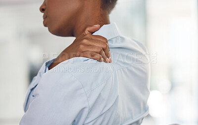 Buy stock photo Corporate woman and shoulder pain injury inflammation and backache problem with back view. Business person with chiropractic disorder holding muscle to touch physical pressure in joint.