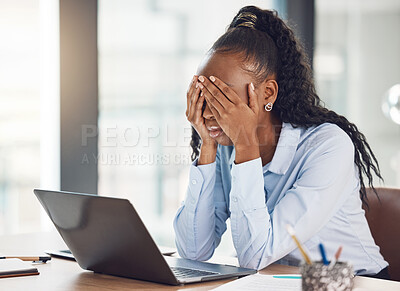 Buy stock photo Stress, sad and burnout business woman in office with laptop from depression, mental health or anxiety. Employee with 404, glitch or tech error with tax, audit and report mistake or headache at work