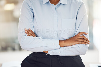 Buy stock photo Motivation, vision and business woman with arms crossed in an office proud, empowered and strong attitude at work. Employee, entrepreneur or corporate worker positive with success in her career