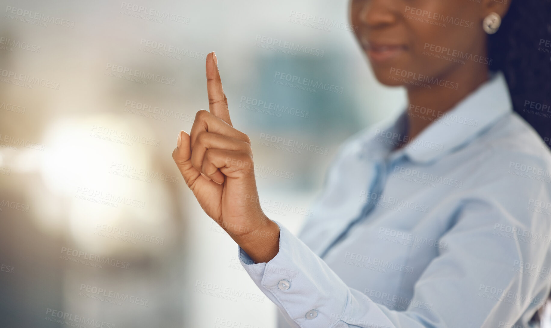 Buy stock photo Business woman using finger for password, user interface and network login. Innovation, technology and digital future using touch screen or biometric print of businesswoman for cyber security