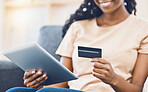 Hands of girl with tablet and credit card for online shopping, payment or digital online banking. Fintech, ecommerce and black woman with financial debit or gift card to pay for sale shopping product