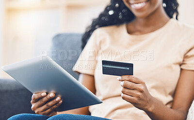 Buy stock photo Hands of girl with tablet and credit card for online shopping, payment or digital online banking. Fintech, ecommerce and black woman with financial debit or gift card to pay for sale shopping product