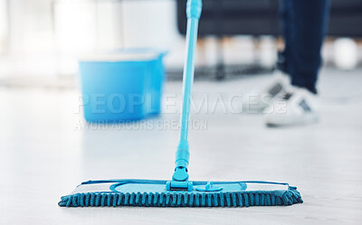 Buy stock photo Woman, floor mop and cleaning housekeeping product for home cleaner in hygiene bacteria maintenance. Employee service zoom, maid and worker in healthcare spring clean of office building interior room