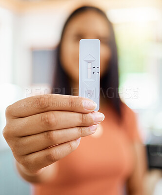Buy stock photo Woman hands, covid and negative rapid antigen test results for healthcare, medical risk and safety. Closeup of corona virus home testing kit, pcr cassette and medicine diagnostics check for wellness