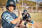 Teen in baseball uniform, a portrait of focus and motivation. Sport in high school can help fitness, confidence and meeting friends. Sports are great for exercise, mental health and learning teamwork