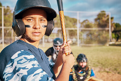 Buy stock photo Portrait of young girl on baseball field with bat, ready to hit the ball. Team player with paint on her face to show focus, determination and motivation for success and win in sports game