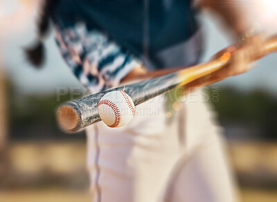 Buy stock photo Baseball player, bat and ball while swinging during sports game, match or training outside. Closeup of a fit female, professional athlete and hands of a competitive woman playing in a competition