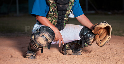 Buy stock photo Baseball, player and sign of a sports hand gesture or signals for game strategy showing curveball on a pitch. Catcher holding ball glove in sport secret for team communication during match at night