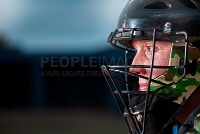 Buy stock photo Sports athlete with face helmet, fitness professional gear and man training for winter game. Competition equipment closeup, power player with action wire mask on dark background and strong protection
