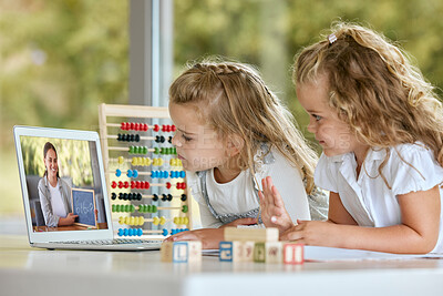 Buy stock photo Laptop, learning and education with a girl and her twin sister in remote class from home with a teacher on screen. Computer, study and development with female children at home to learn or grow