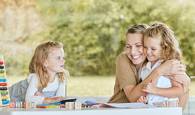 Buy stock photo Mother hug girl for kindergarten learning, education and development in language and math on outdoor patio. Mom teaching kids at home and happy with children progress, results or knowledge growth