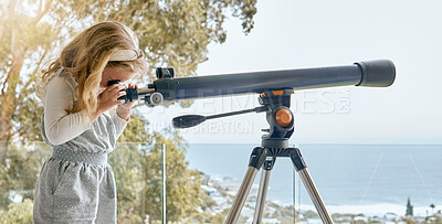Buy stock photo Young kids, telescope and day learning about planets, moon and sky in space outdoors. Curious girl play, watch and study views of universe, natural science and nature for fun educational development