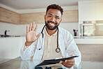Doctor, smile and wave of a black man in healthcare, consulting and medical advice at work with clipboard. Portrait of a African male health consultant waving for consultation, insurance or document