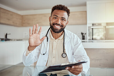 Buy stock photo Doctor, video call and consultant in telehealth of a black man in healthcare, diagnosis or medical advice. Portrait of a African male health expert in online consultation for checkup or appointment