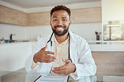 Buy stock photo Happy medical doctor, home desk in online healthcare and portrait of black man smile in digital consultation. Physician on virtual telehealth appointment, tech service and talking on video call pov