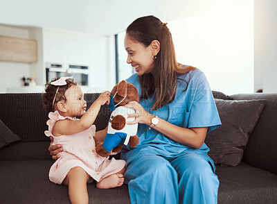 Buy stock photo Pediatrician doctor consulting kid, teddy bear and happy healthcare checkup at home visit. Happy baby girl, occupational therapy and woman nurse therapist play in lounge for children wellness service