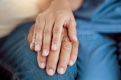 Buy stock photo Support, empathy and trust with holding hands of old woman and nurse in retirement home for hope, community and help. Therapy, respect and healthcare with hand of medical caregiver and senior patient