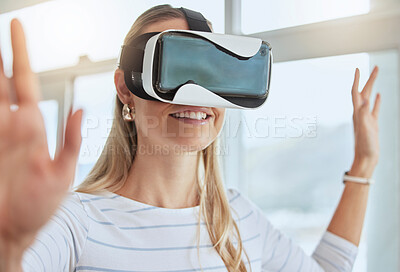 Buy stock photo Virtual reality, metaverse and happy woman relaxing and playing vr goggles interactive game using futuristic technology at home. Future, iot and cyberspace while exploring 3d world with ai headset