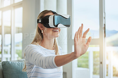 Buy stock photo Futuristic woman with VR headset and digital ai with her hands. Young female with virtual reality goggles app, playing an interactive 360 3D simulation game and experience the metaverse technology