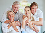 Smile, hug and portrait of happy family relax on living room sofa bonding, having fun and enjoy quality time together. Happiness and family generations of parents, daughter or son lounge at home