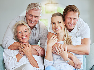 Buy stock photo Smile, hug and portrait of happy family relax on living room sofa bonding, having fun and enjoy quality time together. Happiness and family generations of parents, daughter or son lounge at home