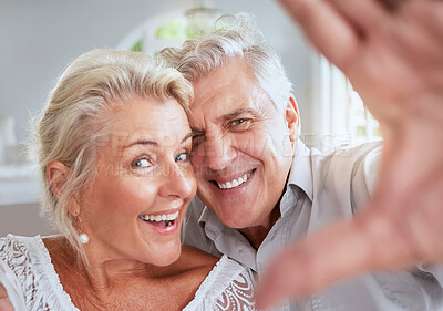 Buy stock photo Face selfie, senior couple and love smile in retirement in home interior. Portrait, happy elderly and retired romantic man and woman life partners with care, fun and trust, support or affection.
