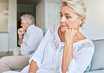 Marriage, retirement couple and divorce in home with shock of sad cheating revelation. Elderly people in relationship conflict break up with infidelity secret confession and trust issue.