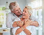 Senior couple, happy and hug for love, support and care in relationship at home embrace, bond or smile. Romance, married or retired old elderly man and woman in retirement celebrate marriage together