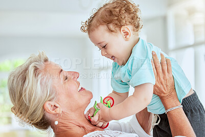 Buy stock photo Family, love and grandma play with baby at home bonding, having fun and enjoy quality time together. Grandmother lifting up happy, smile and laughing youth kid, child or boy while playing with toys