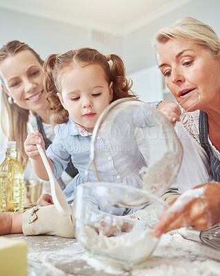Buy stock photo Mother, grandma and girl baking in family home, to make snack, biscuit or pie while have fun. Happy mom with proud grandmother in kitchen together teaching girl to bake cake or cookies for family