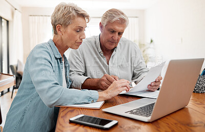 Buy stock photo Communication, discussion and couple with paperwork planning financial strategy budget plan. Senior man and woman with documents review finance expenses, retirement plan or mortgage banking payment