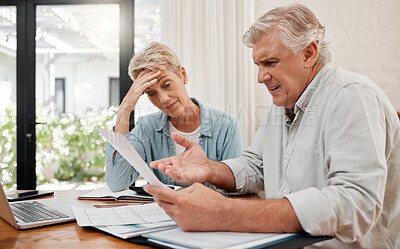 Buy stock photo Sad retirement couple, finance debt and anxiety in financial planning, mortgage home loan and paper bills. Stress woman, angry man and senior people pension problem, admin crisis and budget mistake 