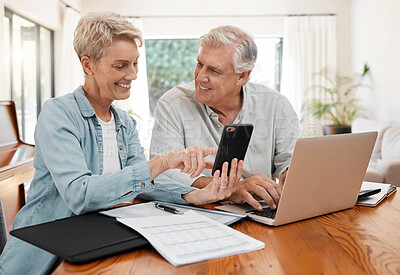 Buy stock photo Phone, finance and retirement with a senior man and woman working on their will, savings and investment together in a home. Money, communication and documents with an eldery male and female pensioner