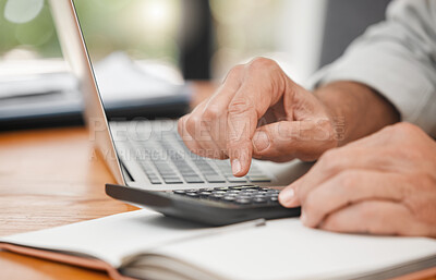 Buy stock photo Calculator, laptop and hands of man calculating, accounting and home budget while doing online payments and sitting at a table at home. Closeup of a mature male accountant doing finance planning