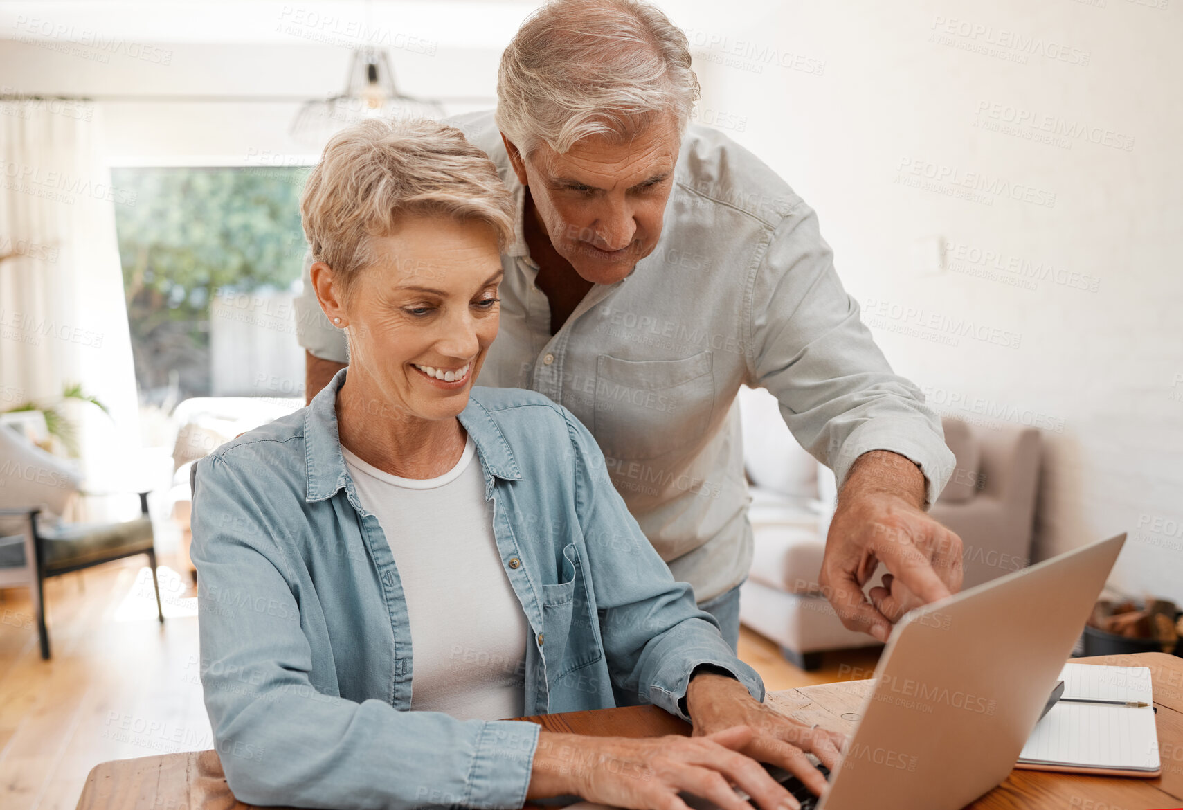 Buy stock photo Retirement, senior couple and ecommerce on laptop for home purchase finance decision together. Happy married people with financial choice for online shopping payment with wireless technology.