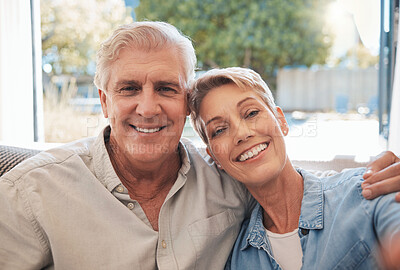 Buy stock photo Retirement portrait of happy senior couple relax on a sofa together in their living room or summer holiday house. Smile, affection and love with elderly or pension people on a couch enjoying break 