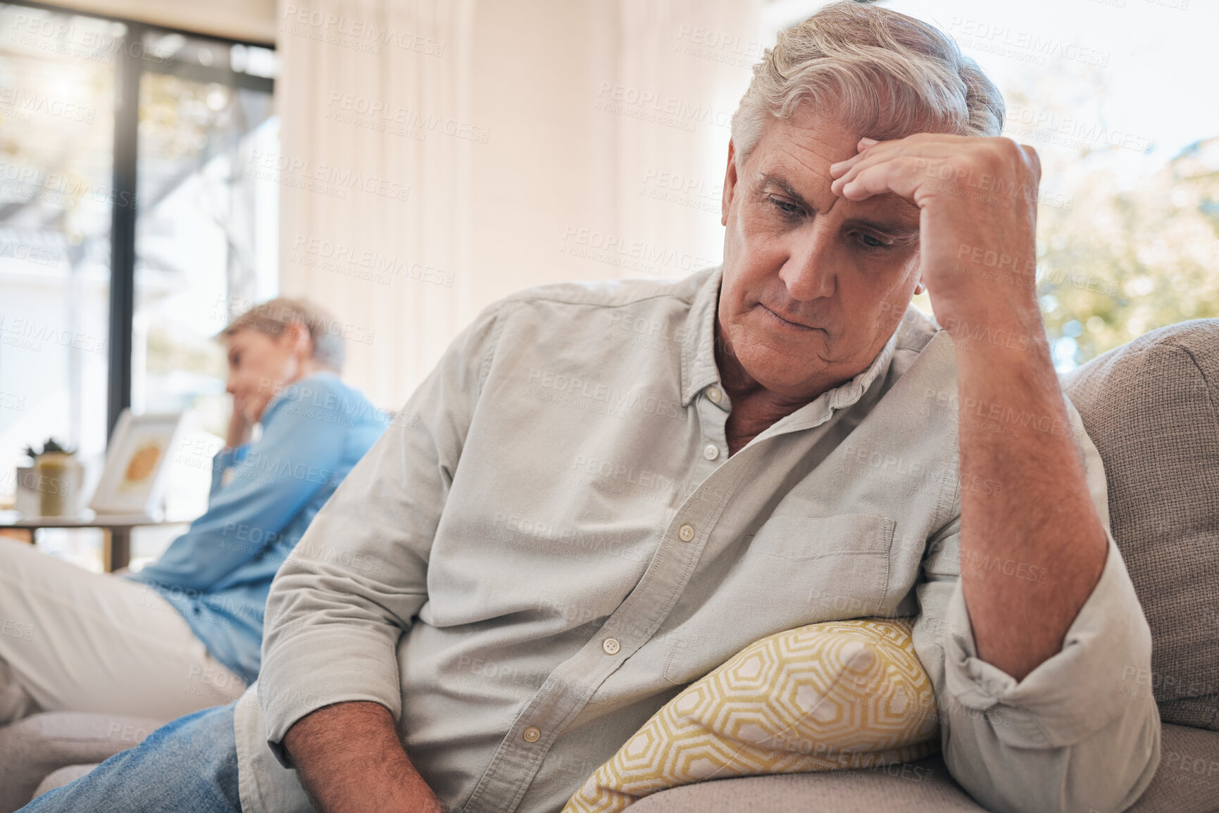 Buy stock photo Divorce, fight and problem with senior couple on sofa for conflict, cancer or depression together. Mental health, frustrated and angry with man and woman in retirement with fear, sad and marriage 